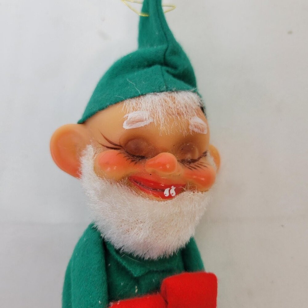 Vintage Green Red Christmas Knee Hugger Elf Japan Christmas Ornament Rubber Face - Picture 4 of 7